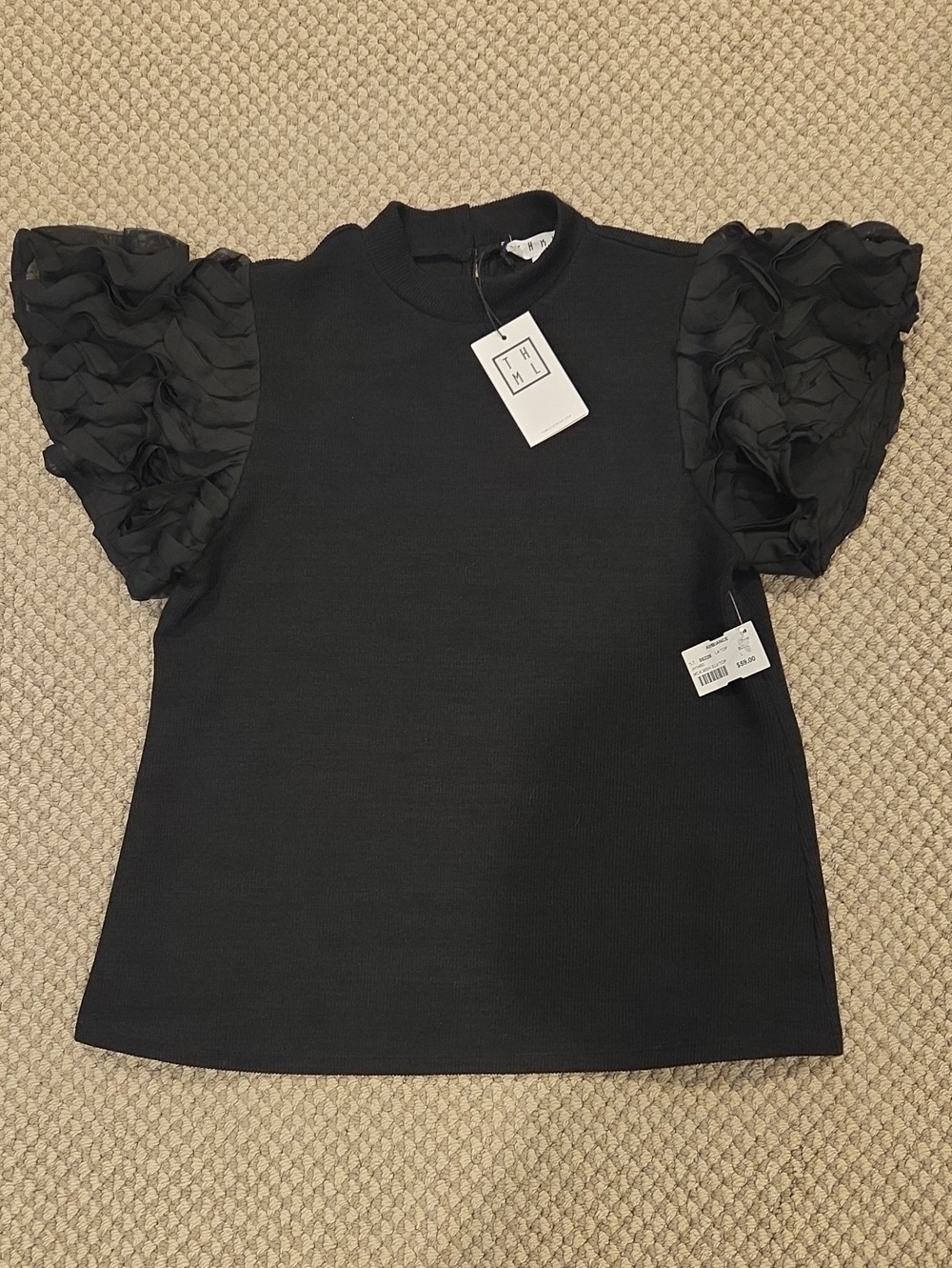 THML Black Short Sleeve Mock Neck Tee with Ruffled Sleeves Sz L NWT
